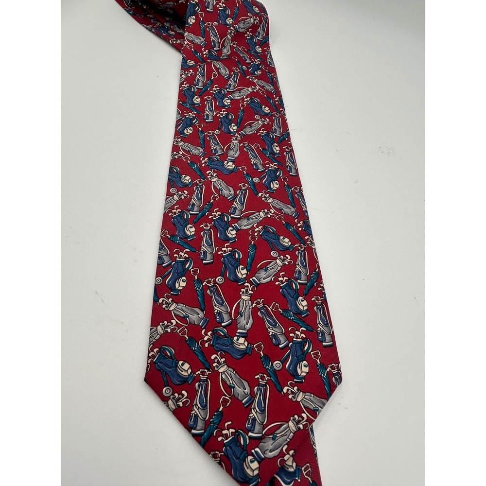 Bert Pulitzer Mens Silk Tie Red Golf Bags Novelty Print Made in USA Necktie